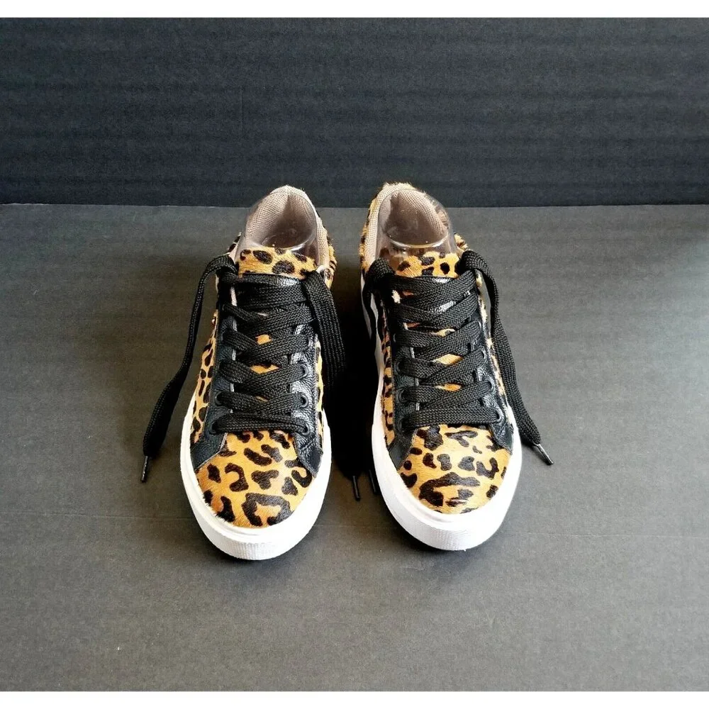 NATALY MENDEZ Brown Leopard Sneakers Sz 37 7 Lace Up Leather Calf Hair - Picture 4 of 15